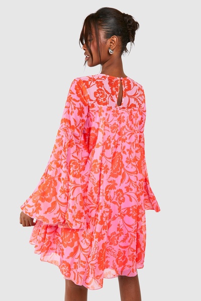 Floral Print Flared Sleeve Smock Dress