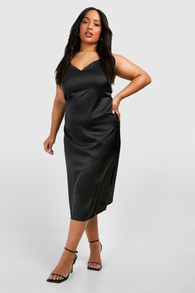 Plus Satin V Neck Split Midi Dress