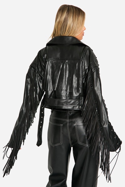 Fringe Detail Belted Faux Leather Biker Jacket