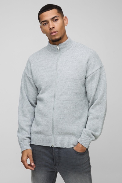 Relaxed Fit Boucle Zip Up Knitted Sweater