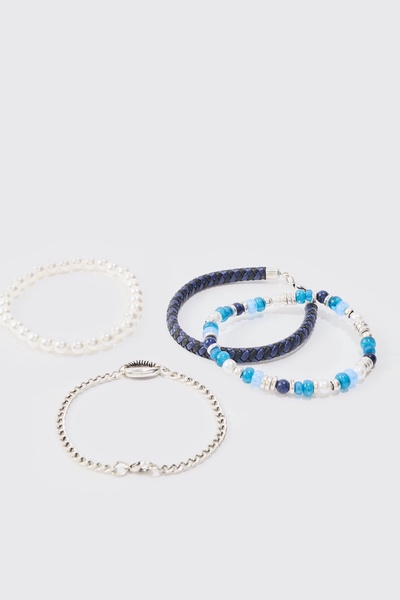 4 Pack Beaded Shell Bracelets In Blue