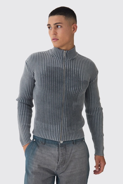 Muscle Fit Acid Wash Knit Zip Through Sweater
