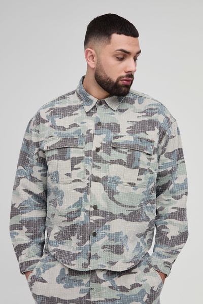 Plus Textured Camo Cargo Denim Overshirt