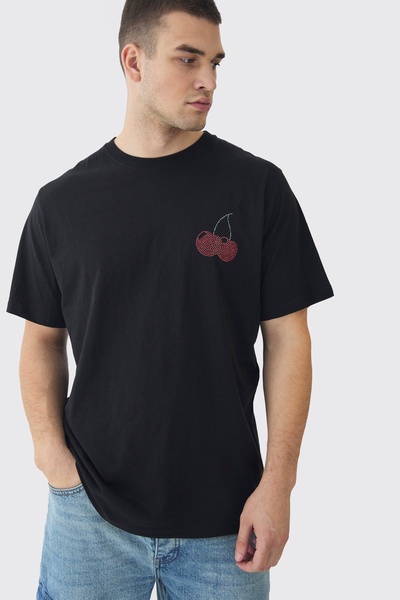 Tall Oversized Cherry Rhinestone Graphic T-shirt In Black
