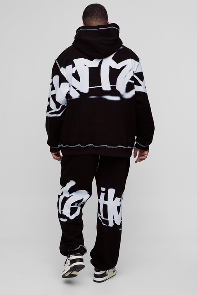 Plus Oversized Man Graffiti Rope Drawcord Hooded Tracksuit