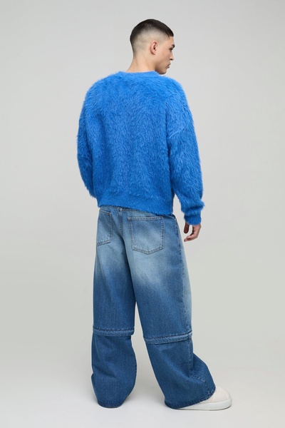 Extreme Baggy Rigid Zip Off Leg Cross Embroidery Denim Jeans