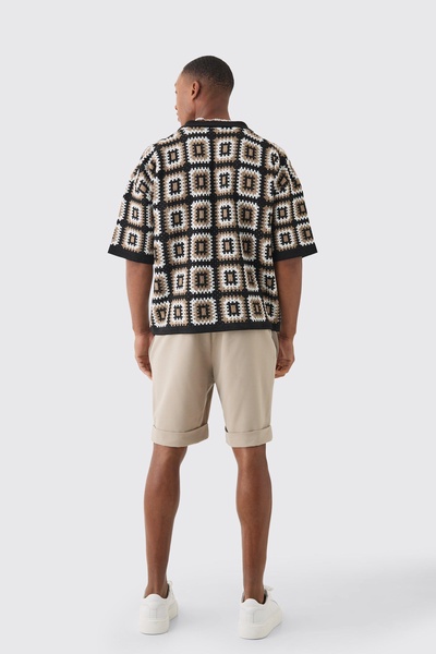 Oversized Boxy Crochet Knit Polo In Black