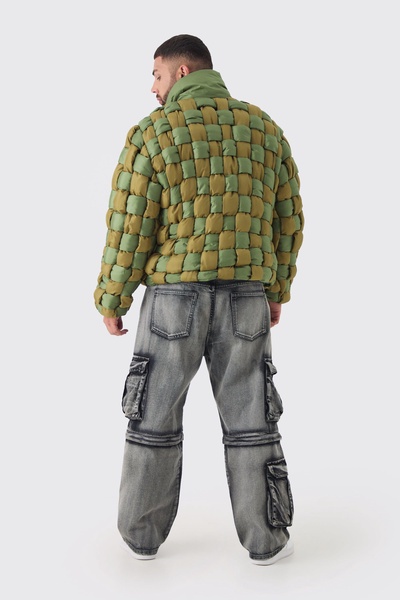 Plus Contrast Hand Weft Padded Puffer Jacket In Khaki