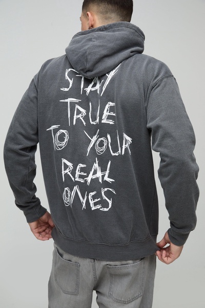 Regular Fit Washed Stay True Text Graphic Hoodie
