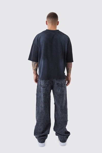 Relaxed Fit Acid Wash Ripped Frayed Jeans