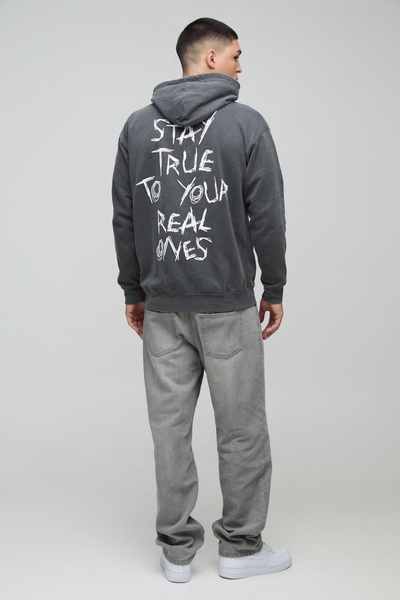 Regular Fit Washed Stay True Text Graphic Hoodie
