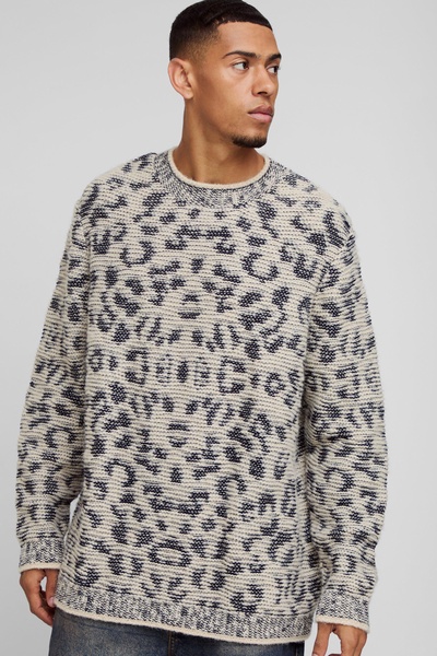 Oversized Jacquard Leopard Print Brushed Knitted Sweater