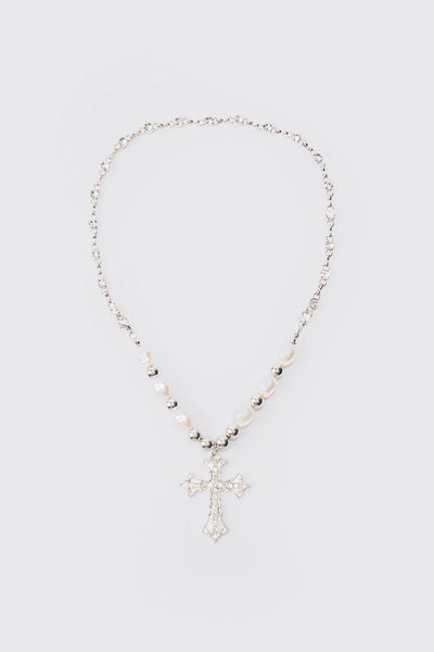 Pearl Cross Necklace In Silver