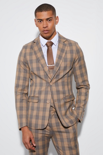 Skinny Single Breasted Plaid Suit Jacket