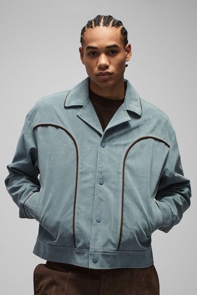 Boxy Faux Suede Western Piped Lapel Harrington Jacket
