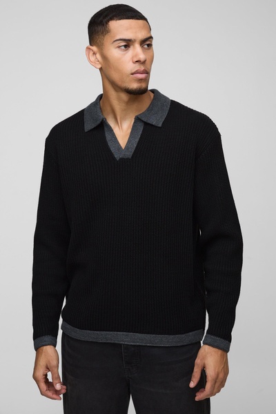 Oversized Boxy Knitted Revere Contrast Polo