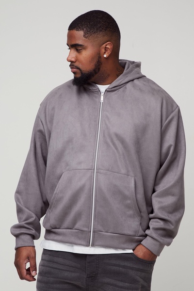 Plus Oversized Boxy Zip Thru Faux Suede Hoodie