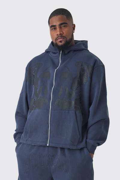 Plus Oversized Boxy Zip Thru Cherub Print Hoodie