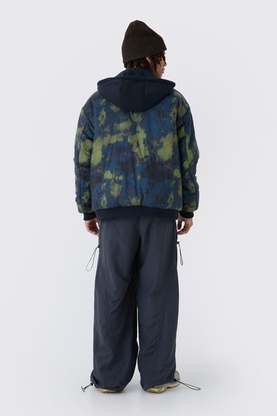 Oversized Abstract Print Hooded Bomber Jacket In Navy