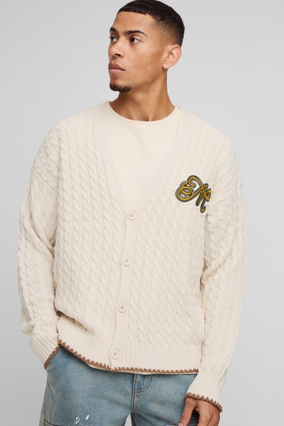 Boxy Fit Varsity Applique Cable Knitted Cardigan