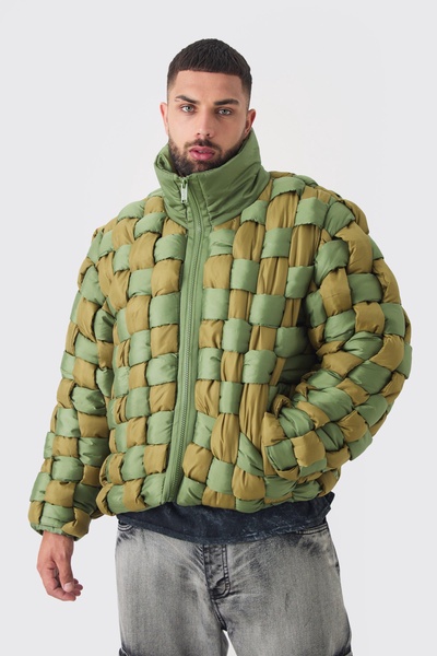 Plus Contrast Hand Weft Padded Puffer Jacket In Khaki