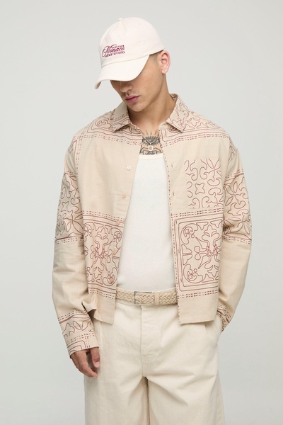 Oversized Boxy Linen Look Printed Collared Shirt