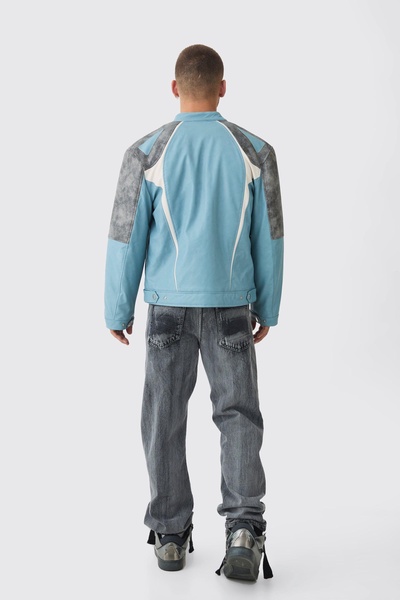 Washed Pu Panel Moto Jacket In Blue