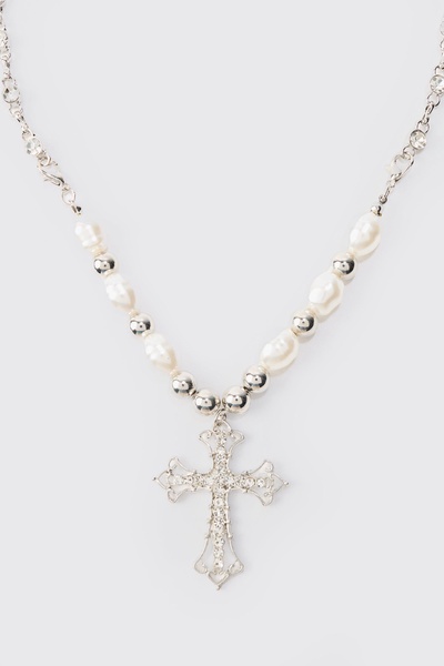 Pearl Cross Necklace In Silver