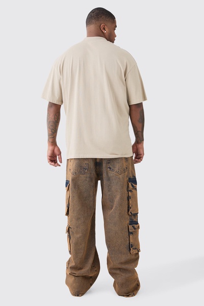 Plus Baggy Fit Acid Wash Cargo Jeans