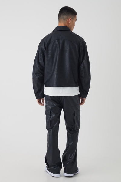 Boxy Textured PU Collared Bomber Jacket In Black