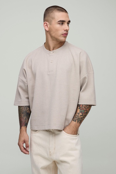 Oversized Boxy Cropped Waffle Button Neck T-Shirt