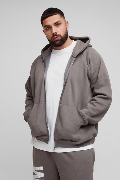 Plus Oversized Raglan Satin Applique WRLDWD Zip Thru Hoodie