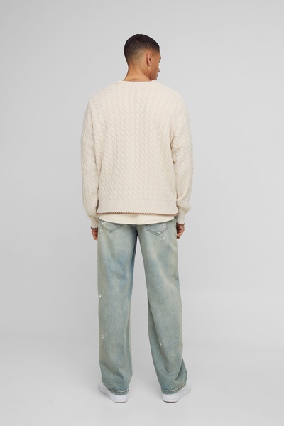 Boxy Fit Varsity Applique Cable Knitted Cardigan