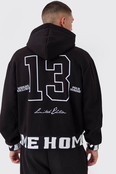 Oversized Boxy Varsity Printed Zip Through Hoodie
