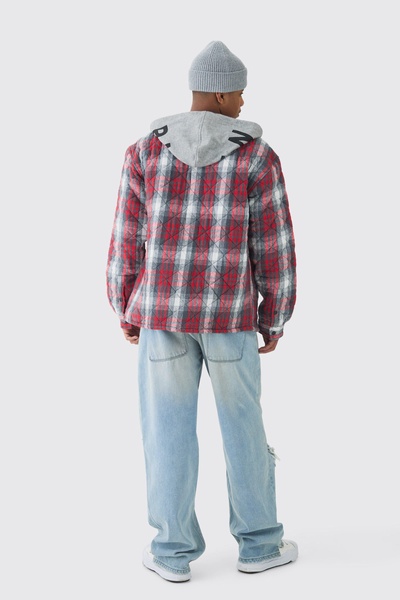 Tall Back Print Jersey Hood Padded PlaidShirt Jacket