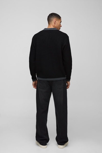 Oversized Boxy Knitted Revere Contrast Polo