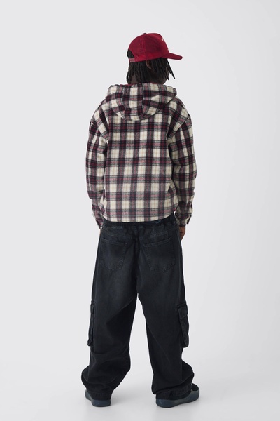 Oversized Padded Hooded Flannel Shirt Jacket