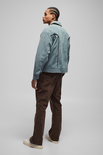 Boxy Faux Suede Western Piped Lapel Harrington Jacket