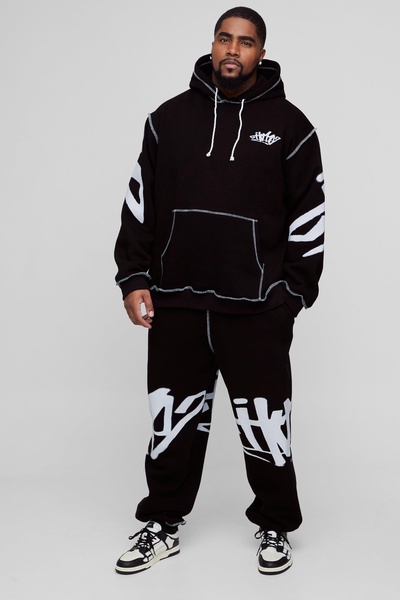 Plus Oversized Man Graffiti Rope Drawcord Hooded Tracksuit