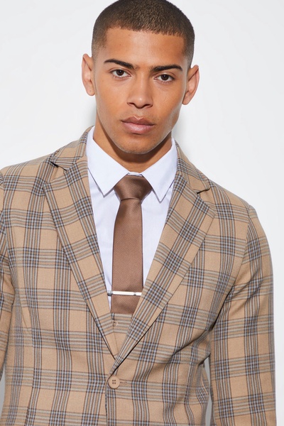 Skinny Single Breasted Plaid Suit Jacket