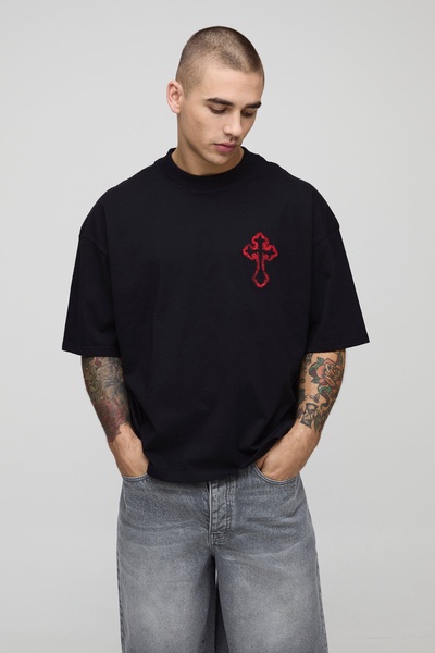 Oversized Boxy Embroidered Gothic Cross T-Shirt