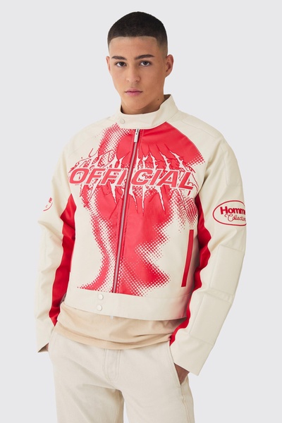 Boxy Official Printed PU Moto Jacket In Ecru