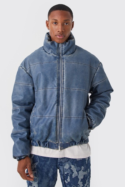 Funnel Neck Boxy Denim Look Pu Puffer