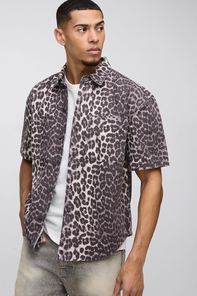 Oversized Washed Twill Leopard Shirt