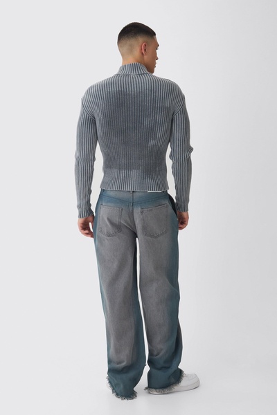 Muscle Fit Acid Wash Knit Zip Through Sweater
