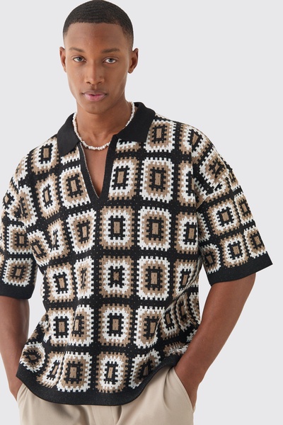 Oversized Boxy Crochet Knit Polo In Black