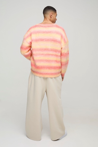 Oversized Boxy Brushed Stripe V Neck Knitted Sweater