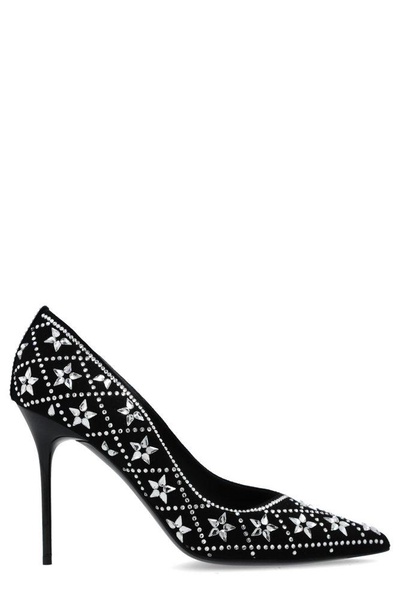 Ruby crystal-embellished suede pumps