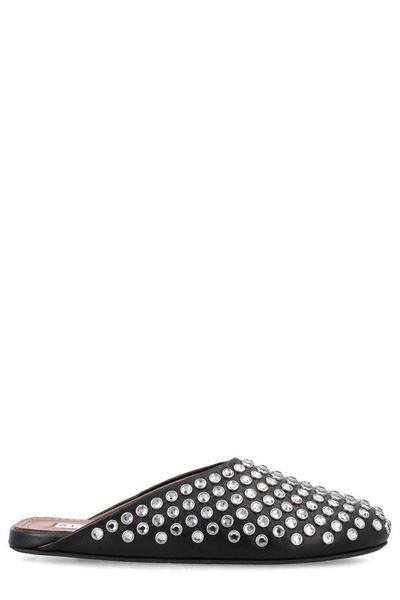 Crystal Stud Leather Flat Mules