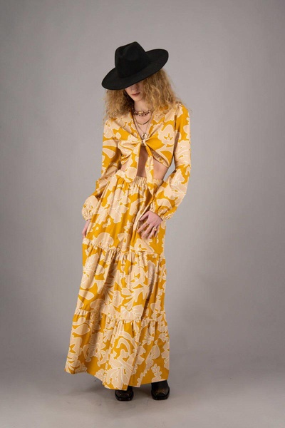Charlotte In Flowered Ochre Cotton